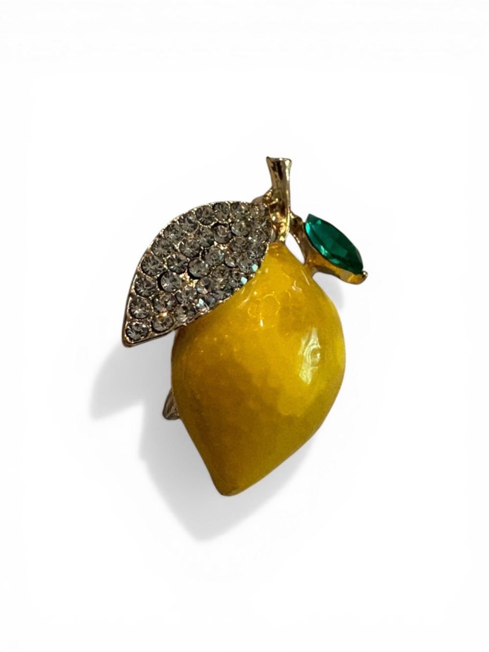Yellow Lemon Enamel Brooch with Crystal Leaf and Green Stone Accent
